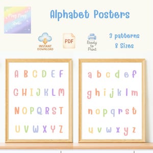 May include: Two framed alphabet posters with uppercase and lowercase letters in pastel colors. The text "Alphabet Posters" is above the posters. The posters are labeled "Instant Download", "PDF", and "Ready to Print". The text "3 patterns" and "8 Sizes" is also visible.