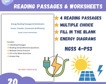 Energy Reading Passages and Worksheets | 5th Grade Science Activities | NGSS 4-PS3 | Energy Transfer, Conversion & Efficiency