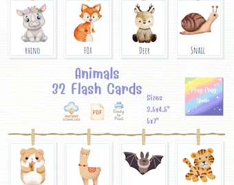 Flashcard di animali ad acquerello: 32 carte stampabili per l'apprendimento dei più piccoli (download in PDF)