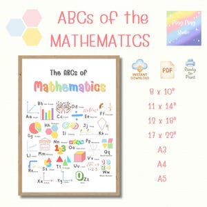 May include: A colorful printable poster titled "The ABCs of Mathematics" with illustrations and definitions for math terms starting with each letter of the alphabet. The poster is framed in a brown wooden frame.