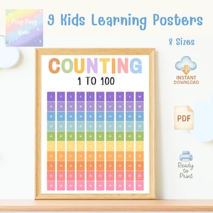 Pósteres de aprendizaje en colores pastel para niños: set educativo imprimible de 9 piezas: ABC, 123, colores, formas y más. Decoración de pared para guardería o aula.