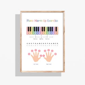 Peut inclure: Une affiche encadr&eacute;e intitul&eacute;e "Piano Warm-Up Exercise" pr&eacute;sente un diagramme de clavier de piano color&eacute; avec des guides de placement des doigts. L'affiche comprend le texte "Thumb Tuck" et "Begin Here", et des illustrations de mains avec des doigts num&eacute;rot&eacute;s.