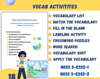 Grade 5 Water Cycle Vocabulary Activities | NGSS Science Worksheets | Crossword Word Search Labeling Sort
