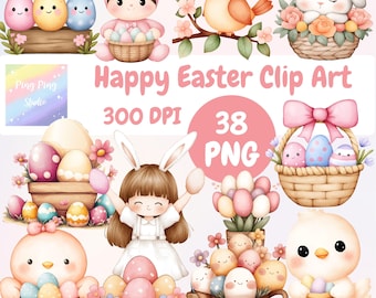 Watercolor Easter Clip Art, Pastel Cartoon Designs (38 PNG)