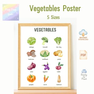 子供向け水彩野菜ポスター – 印刷可能な野菜チャートPDF | 教育用キッチンまたは教室の壁アート