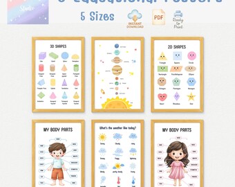 Set di poster educativi per bambini: tabelle ad acquerello per la scuola materna (download digitale)