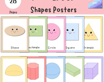 Pastelkleurige posters met 2D- en 3D-vormen | Wanddecoratie klaslokaal | Afdrukbaar leren rekenen voor kinderen