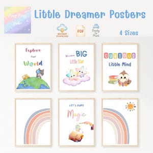 Set de arte mural motivacional para niños: 13 pósteres imprimibles, decoración para la habitación de los niños y el rincón de juegos, frases arcoíris/positivas, 17 x 22, 12 x 18, tamaño A2, A3, PDF