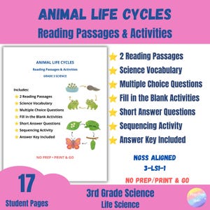 Könnte beinhalten: Bildungsdokument mit dem Titel Animal Life Cycles Reading Passages & Activities Grade 3 Science. Es enthält Illustrationen von Frosch- und Schmetterlingslebenszyklen, 2 Lesetexte, wissenschaftliches Vokabular, Multiple-Choice-Fragen, Lückentexte, Kurzantwortfragen, Sequenzierungsaktivitäten und einen Lösungsschlüssel.