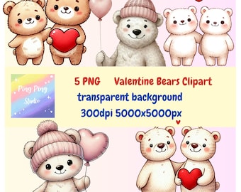 Watercolor Valentine Bear Clipart: PNG Files (Digital Download)