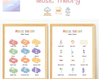 May include: Two framed prints labelled "Music Theory" and "Basic Terms", displaying musical symbols such as treble clef, sharp, and whole rest. The prints are in wooden frames and are ready to print.