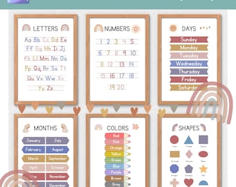 Boho Educational Posters for Kids | Neutral Classroom Decor | Preschool Learning Wall Art | Letters Numbers Colors Shapes Days Months