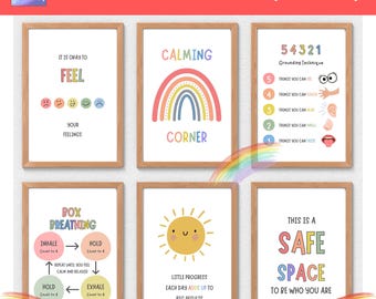 Calm Down Corner Posters | Calming Corner & Growth Mindset Set | Rainbow Classroom Decor | SEL Emotional Regulation | 20 Printable Posters