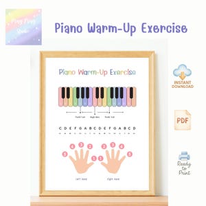 以下が含まれることがあります： 「Piano Warm-Up Exercise」と題された額入りのプリントは、カラフルなピアノのキーボード図を示しています。このプリントには、「Left Hand」と「Right Hand」とラベル付けされた両手の指の配置ガイドが含まれています。