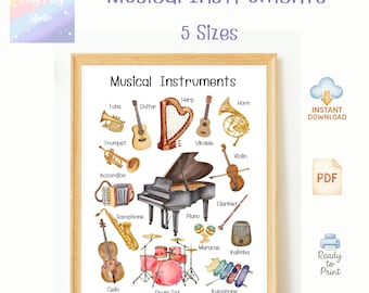Aquarell Musikinstrumente Poster: Kinder Musikzimmer Dekor (PDF herunterladbarer Druck