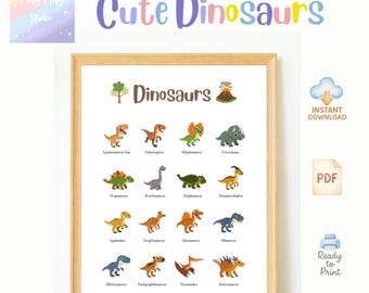 Cute Dinosaurs Poster | Kids Room Wall Art | Educational Dinosaur Chart | Printable PDF