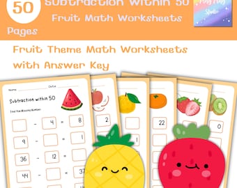 Sottrazioni entro 50 schede / Esercizi di matematica a tema frutta / 50 pagine + soluzioni