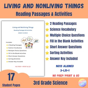 Op de afbeelding: Een digitale educatieve bron getiteld Living and Nonliving Things Reading Passages & Activities voor groep 5 wetenschap. Het bevat een lijst met inhoud, waaronder leesteksten, woordenschat, meerkeuzevragen, invuloefeningen en korte antwoordvragen.