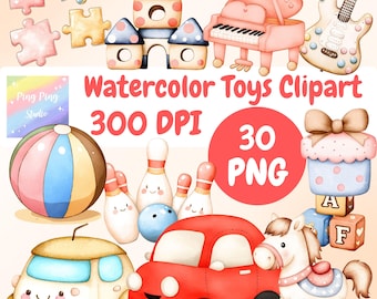 Clipart di giocattoli ad acquerello: 30 illustrazioni PNG dipinte a mano (download digitale)