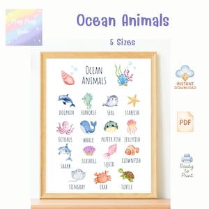 Ocean Animals Poster for Kids | Printable Sea Creatures Chart | Cute Nursery Wall Art | Ocean Animals Learning | Instant Download PDF