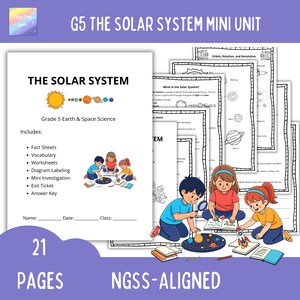May include: A set of educational materials titled "G5 The Solar System Mini Unit." The cover features a sun and planets illustration, with the text "Grade 5 Earth & Space Science." Includes fact sheets, worksheets, and more. The image also shows children working on the worksheets.
