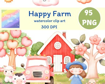 Happy Farm Watercolor Clipart: 95 PNG Files (Digital Download)