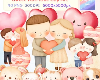 Sweet Valentine Clip Art: Watercolor Hearts & Characters (PNG Files)