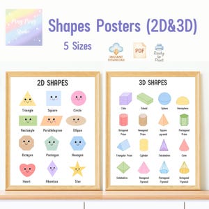 Op de afbeelding: Twee ingelijste posters met de tekst "Shapes Posters (2D&3D)". De linkerposter toont 2D-vormen zoals driehoeken, vierkanten en cirkels. De rechterposter toont 3D-vormen zoals kubussen, bollen en kegels. Klaar om af te drukken.