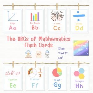 May include: A set of 8 colorful flashcards for teaching math concepts to children. Each card features a different math concept, such as angle, bar graph, count, divide, equation, fraction, graph, and hexagon. The cards are labeled with the letter of the alphabet that corresponds to the math concept. The cards are also labeled with the name of the math concept. The cards are designed to be used in a classroom or at home. The cards are available in two sizes: 3.5x4.5 inches and 5x7 inches.