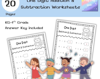Schede di esercizi di addizione e sottrazione a una cifra / Esercizi di matematica per la scuola dell'infanzia / 20 pagine in formato PDF stampabile