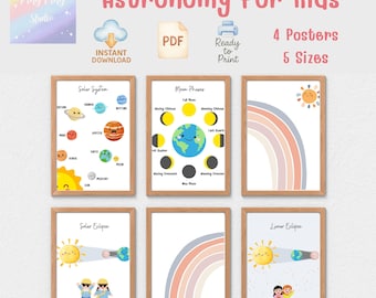 Poster del Sistema Solare per bambini: illustrazioni didattiche di astronomia da appendere alle pareti (set di 4 in formato PDF scaricabile)