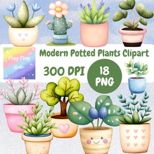 Watercolor Potted Plants Clipart: Modern PNG Illustrations (Digital Download)