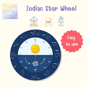 Op de afbeelding: Een digitaal Zodiac Star Wheel-ontwerp met een marineblauwe achtergrond, met sterrenbeelden, een lachende zon en de tekst "Easy to use". Inclusief direct downloaden en printklare opties.