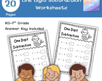 Schede di lavoro per la sottrazione a una cifra / Esercizi di matematica per la scuola dell'infanzia / 20 pagine in formato PDF stampabile