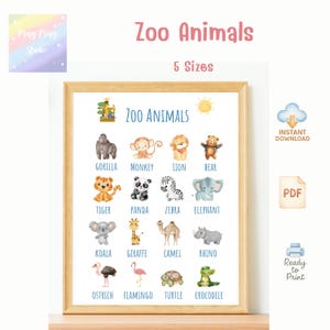 Zoo Animals Wall Art Poster | Cute Watercolor Safari Animals Chart | Nursery Classroom Decor | Learn Animal Names | Instant Download PDF