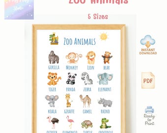 Plakat z akwarelowymi zwierzętami z zoo | Dekoracja pokoju dziecięcego (do pobrania w formacie PDF)