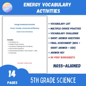 5th Grade Energy Vocabulary Worksheets | NGSS 4-PS3 Aligned | Science Activities | Forms, Transfer, Conversion & Efficiency | No Prep PDF