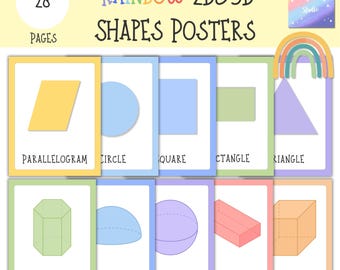 Posters met 2D- en 3D-vormen regenboog | Wiskunde wanddecoratie klaslokaal | Afdrukbare geometrie voor kinderen