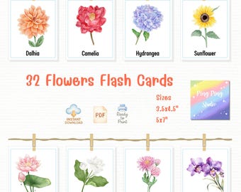 Flashcard di fiori acquerellati: 32 stampe botaniche per bambini e aule (PDF)