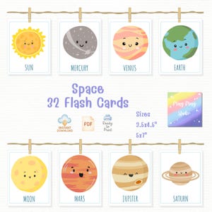 Cute Space Flashcards for Kids – 32 Printable Astronomy Cards, Solar System Learning, PDF Instant Download