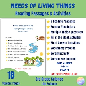 Op de afbeelding: Educatief document getiteld Needs of Living Things Reading Passages & Activities Grade 3 Science. Het bevat 2 leesteksten, wetenschappelijke woordenschat, meerkeuzevragen, invuloefeningen, korte antwoordvragen, woordenschat, sorteeropdrachten en antwoorden.