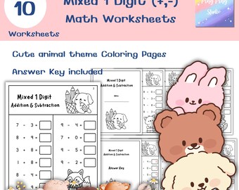 Schede di matematica da colorare con animali / Addizioni e sottrazioni (modello in PDF)