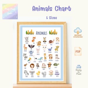 Animals Poster for Kids | Cute Animal Names Chart | Nursery Wall Art | Educational Animals Print | Instant Download PDF