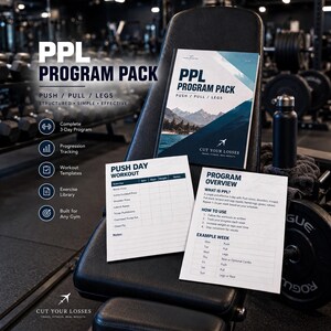 May include: A PPL Program Pack workout guide featuring a cover with mountain imagery, a Push Day workout template, and a Program Overview sheet. The documents include text detailing a 3-day split, exercise lists, and weekly schedules for gym training.
