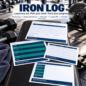 Puede incluir: Un conjunto de cuatro hojas impresas de registro de entrenamiento que incluyen un diario de ejercicios, planificador semanal, récords personales y medidas corporales. Los documentos contienen encabezados como IRON LOG y texto descriptivo.