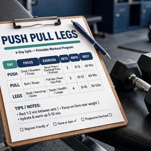 Programa de entrenamiento de 6 días para piernas (empuje, tracción y abdominales) / Plan de entrenamiento de fuerza imprimible (PDF)