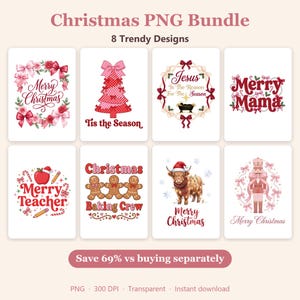 Op de afbeelding: Een digitaal kerst-PNG-pakket met acht feestelijke ontwerpen, waaronder een bloemenkrans, een boom met patronen, een kerststal, Merry Mama-tekst, een lerarenthema met een appel, peperkoekmannetjes, een hooglandrund en een notenkraker.