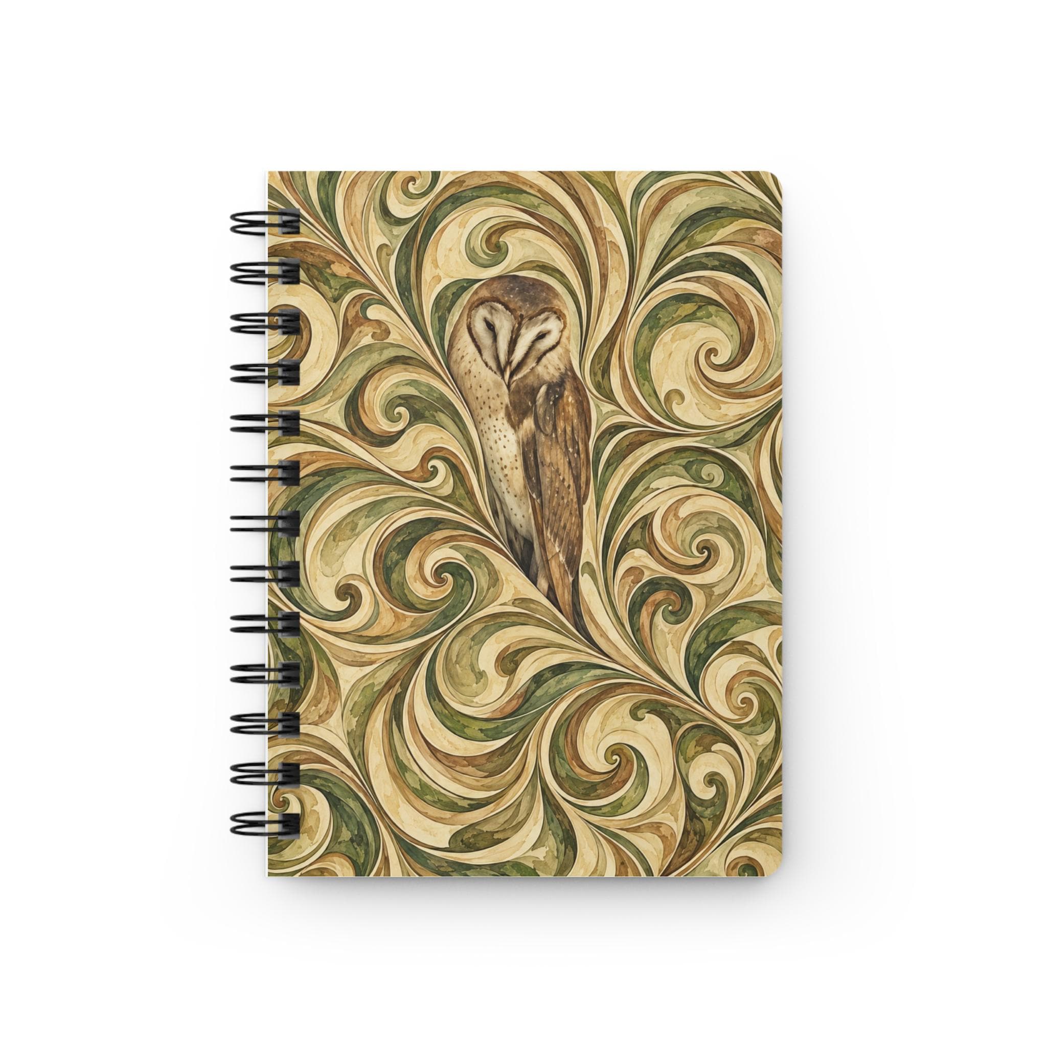 Barn Owl Journal, Spiral-Bound Lined Notebook, Art Nouveau Owl Swirl