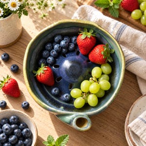 May include: A round, glazed ceramic berry bowl with a deep blue and green gradient finish, featuring a central drainage cone and a side spout. The bowl contains fresh blueberries, green grapes, and two red strawberries.