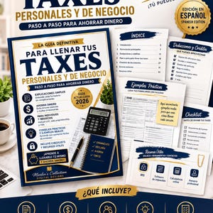 Könnte beinhalten: Ein Steuerleitfaden mit dem Titel Guía Definitiva Para Llenar Tus Taxes Personales y de Negocio, inklusive Taschenrechner, Stift und Innenseiten mit Checklisten, Steuerformularen und Finanzressourcen, gedruckt in spanischer Sprache.